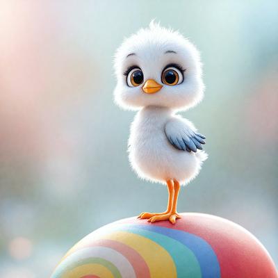 The primary subject of the image is a small, cute bird sitting on top of a colorful ball. The bird appears to be a cartoon character, and the ball is a combination of different colors, creating a vibrant and lively scene. The setting is likely an imaginative or playful environment, as the bird is perched on a toy ball rather than a natural surface. The visual style of the image is likely to be a digital art or illustration, as it captures the bird and the ball in a